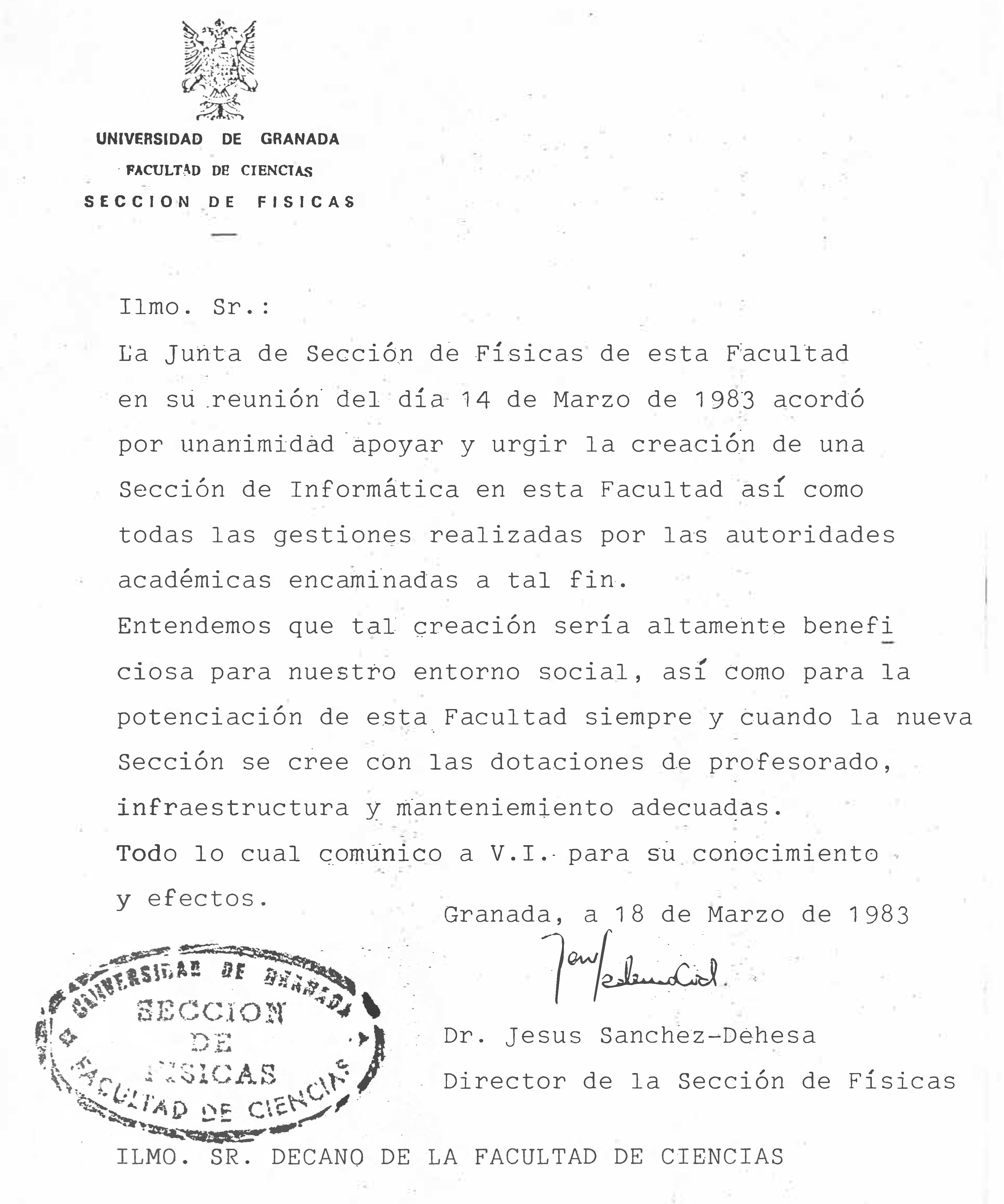 Primera propuesta formal para la creación de una titulación de informática en la Universidad de Granada (1983)